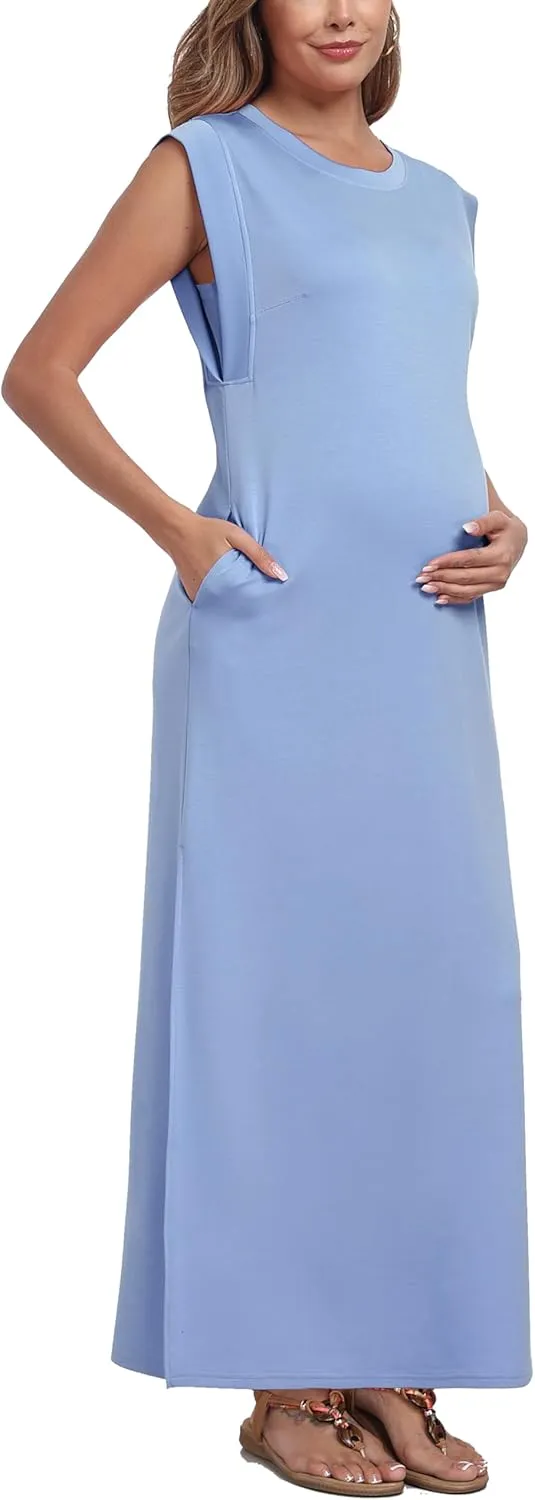 Summer Sleeveless Maternity Dress, Casual Loose Split Wrinkle-Free Long Maxi Dress with Pockets