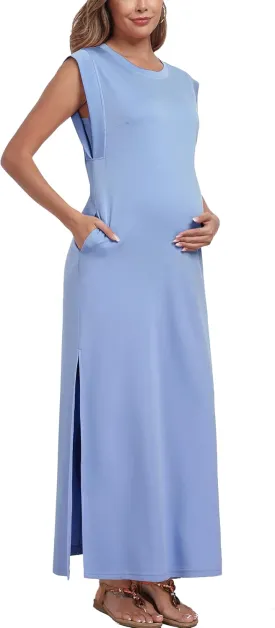 Summer Sleeveless Maternity Dress, Casual Loose Split Wrinkle-Free Long Maxi Dress with Pockets