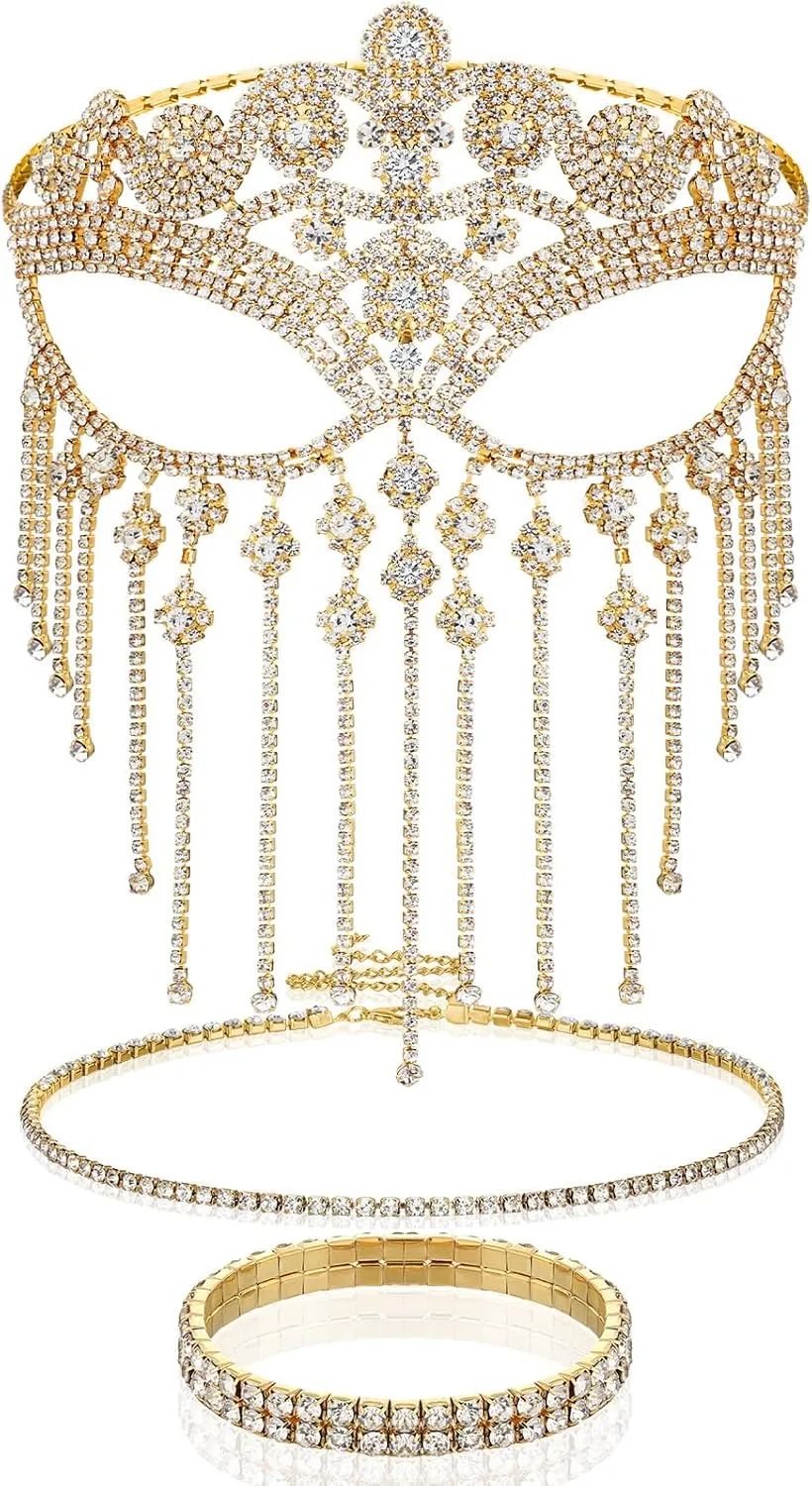 Sureio 3 Pack Masquerade Mask for Women Masquerade Jewelry Set Tassel Mask Fringe Veil Face Chain Rhinestone Crystal Necklace Bracelet for Halloween Wedding Cosplay Costume Party Accessory