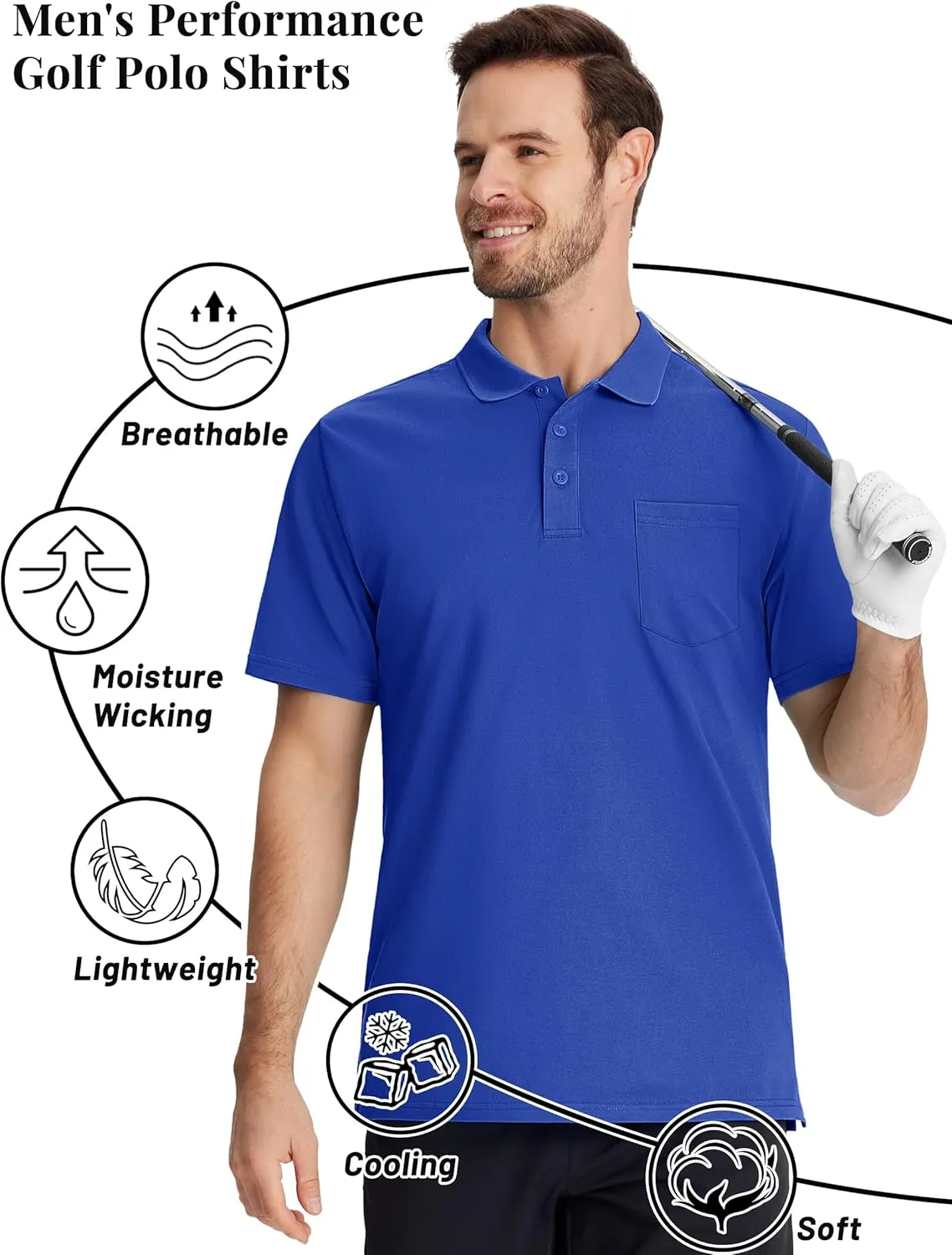 TACVASEN Mens Polo Golf Shirts with Pocket Pique Cooling Performance Moisture Wicking Polo Shirts