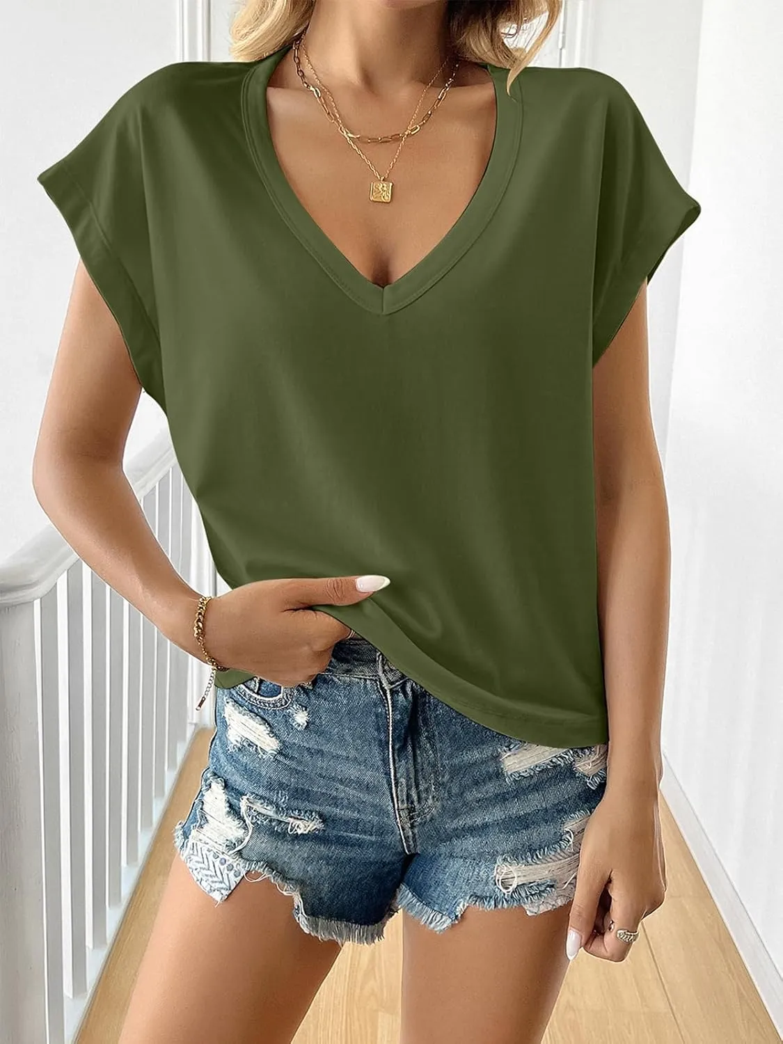 Tankaneo Womens Deep V Neck T Shirts Summer Casual Short Cap Sleeve Tops Loose Fit Basic Tee