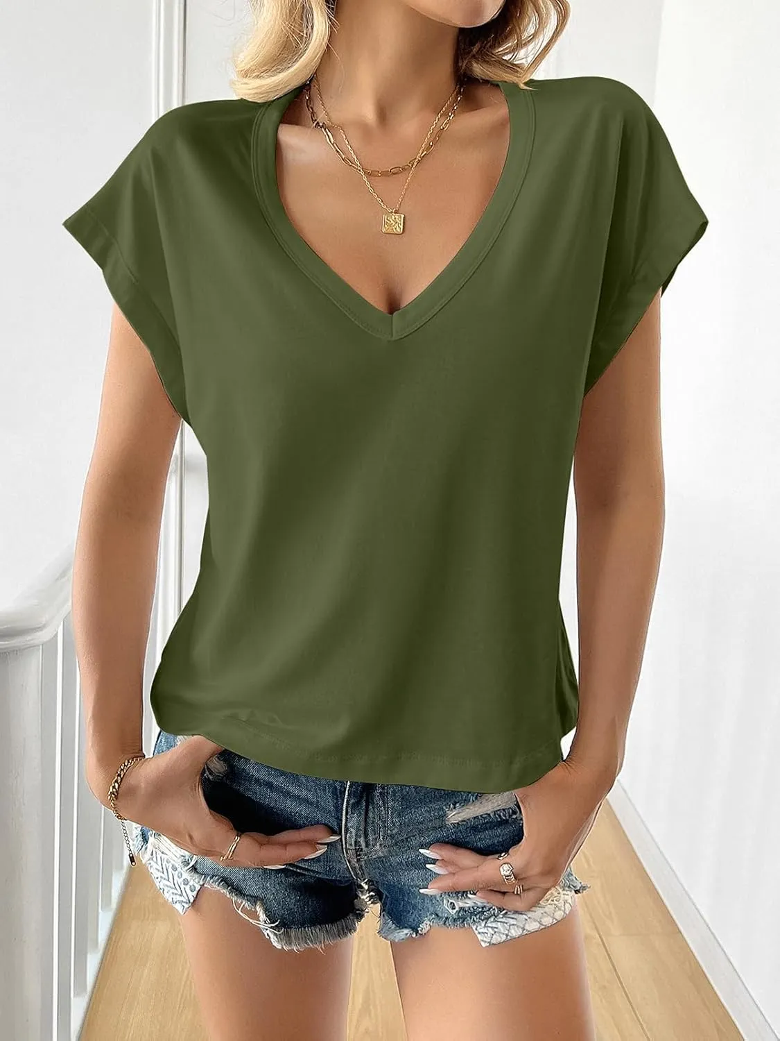 Tankaneo Womens Deep V Neck T Shirts Summer Casual Short Cap Sleeve Tops Loose Fit Basic Tee