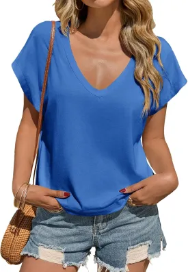 Tankaneo Womens Deep V Neck T Shirts Summer Casual Short Cap Sleeve Tops Loose Fit Basic Tee