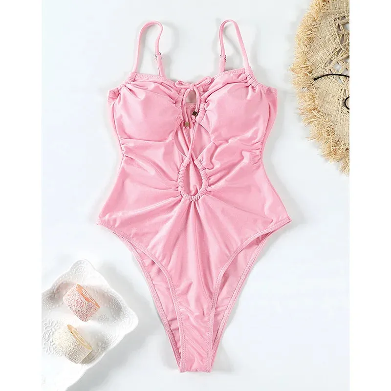 TAVIMART  -  Sexy One Piece Suits String Swimsuit Women 2024 Hollow Out Swimwear Bandage Bathing Suit Pink Monokini High Cut Beachwear Summer