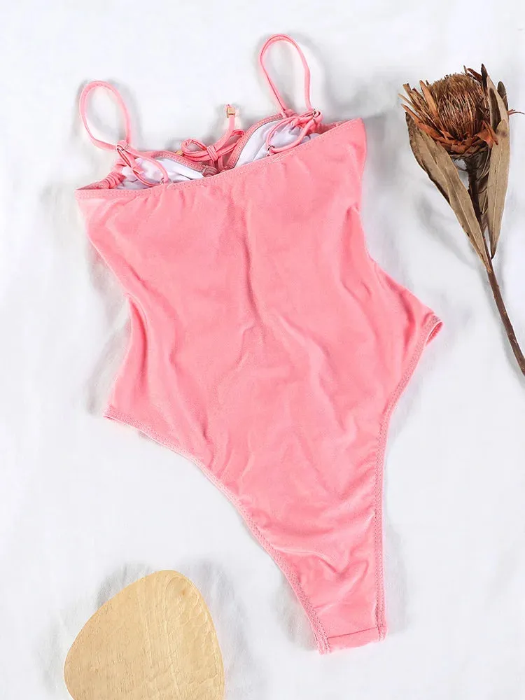TAVIMART  -  Sexy One Piece Suits String Swimsuit Women 2024 Hollow Out Swimwear Bandage Bathing Suit Pink Monokini High Cut Beachwear Summer