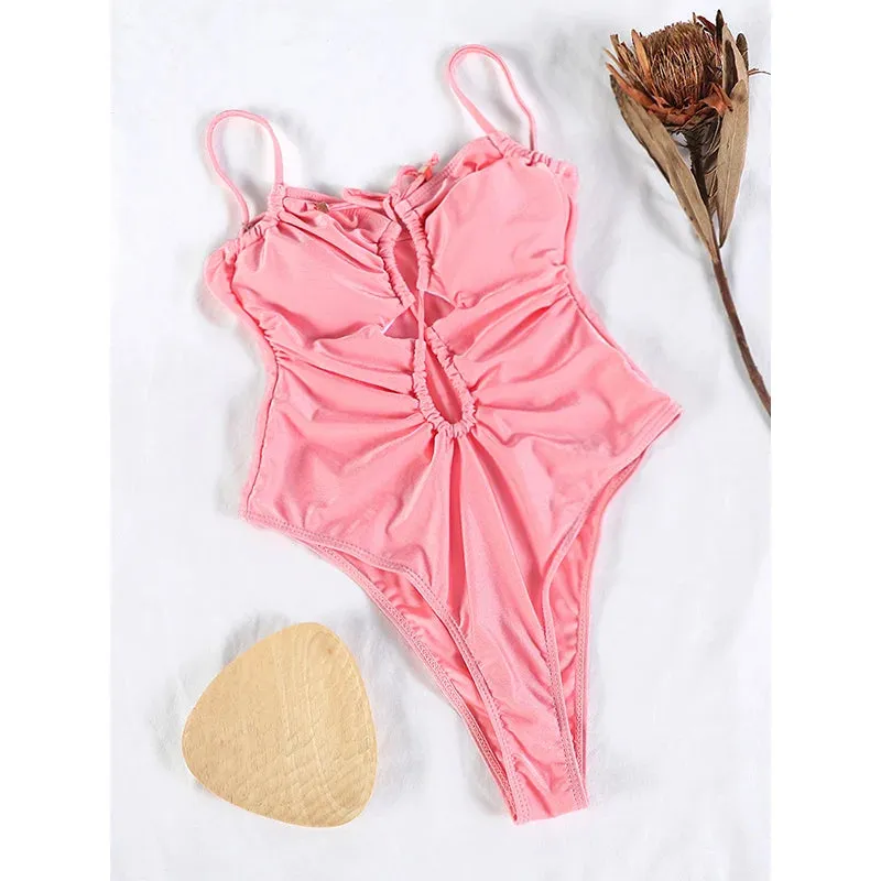 TAVIMART  -  Sexy One Piece Suits String Swimsuit Women 2024 Hollow Out Swimwear Bandage Bathing Suit Pink Monokini High Cut Beachwear Summer