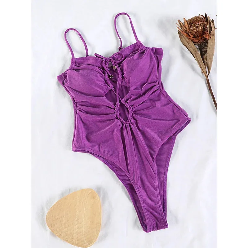 TAVIMART  -  Sexy One Piece Suits String Swimsuit Women 2024 Hollow Out Swimwear Bandage Bathing Suit Pink Monokini High Cut Beachwear Summer