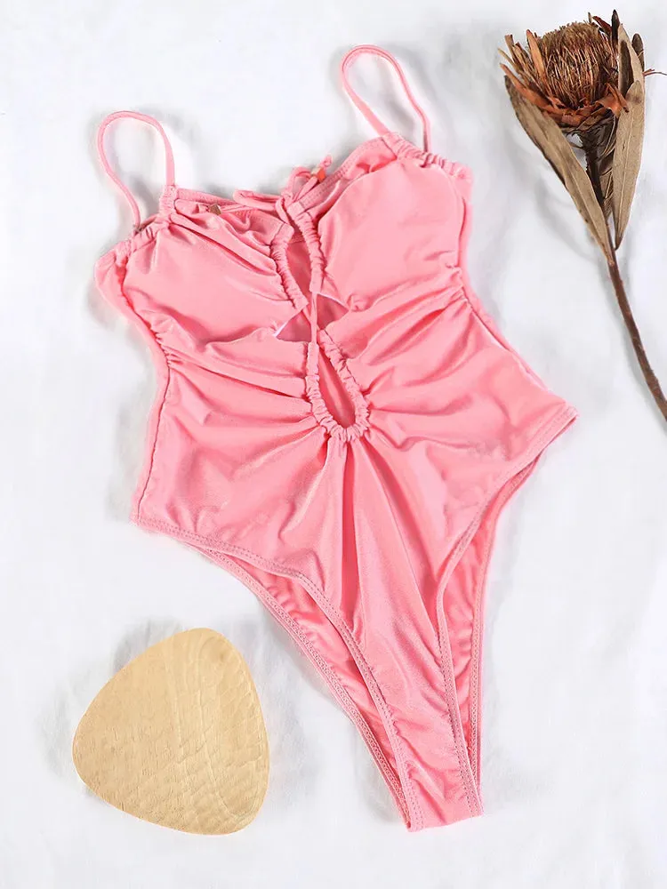 TAVIMART  -  Sexy One Piece Suits String Swimsuit Women 2024 Hollow Out Swimwear Bandage Bathing Suit Pink Monokini High Cut Beachwear Summer
