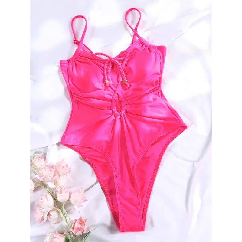 TAVIMART  -  Sexy One Piece Suits String Swimsuit Women 2024 Hollow Out Swimwear Bandage Bathing Suit Pink Monokini High Cut Beachwear Summer