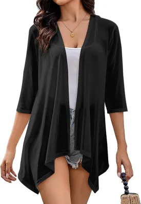 Totatuit Women's 3/4 Sleeve Sheer Cardigan Open Front Lightweight Kimono Casual Loose Beach Cover Up