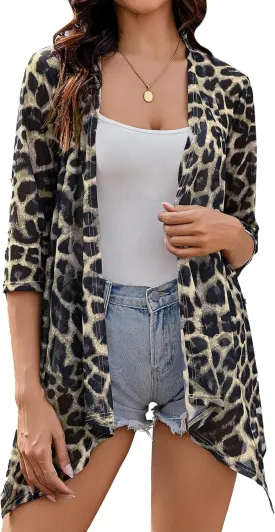 Totatuit Women's 3/4 Sleeve Sheer Cardigan Open Front Lightweight Kimono Casual Loose Beach Cover Up