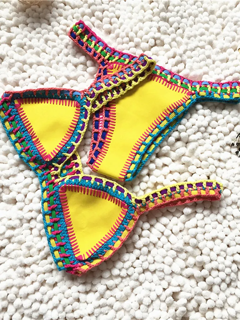 Trendy Women's Crochet 2-Piece Bikini Set: Padded Triangle Bra   Mid Thong