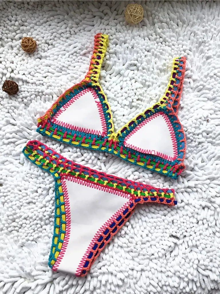 Trendy Women's Crochet 2-Piece Bikini Set: Padded Triangle Bra   Mid Thong