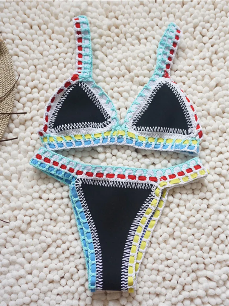 Trendy Women's Crochet 2-Piece Bikini Set: Padded Triangle Bra   Mid Thong