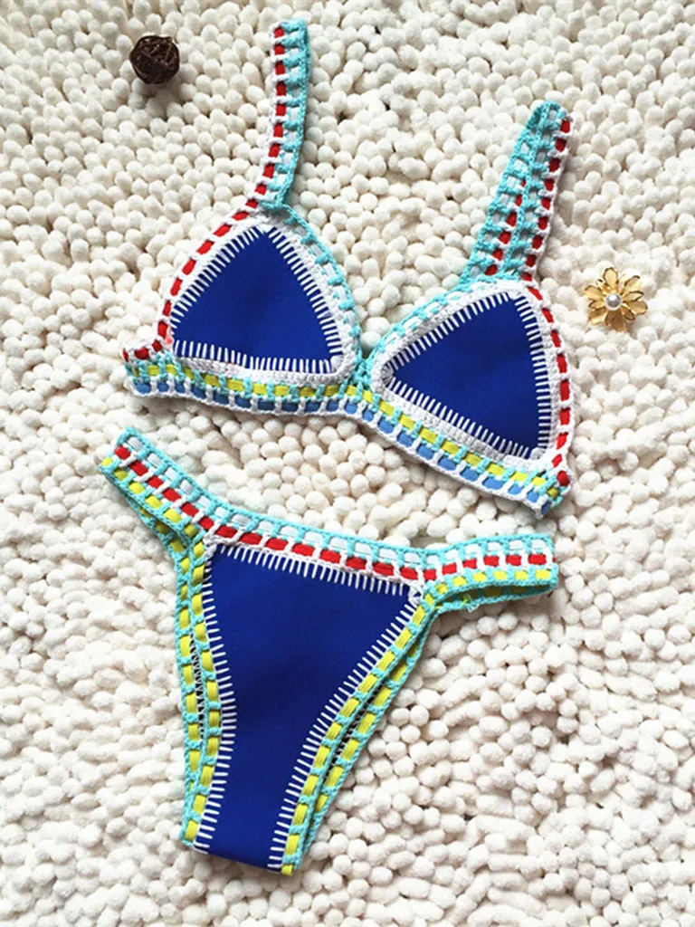 Trendy Women's Crochet 2-Piece Bikini Set: Padded Triangle Bra   Mid Thong