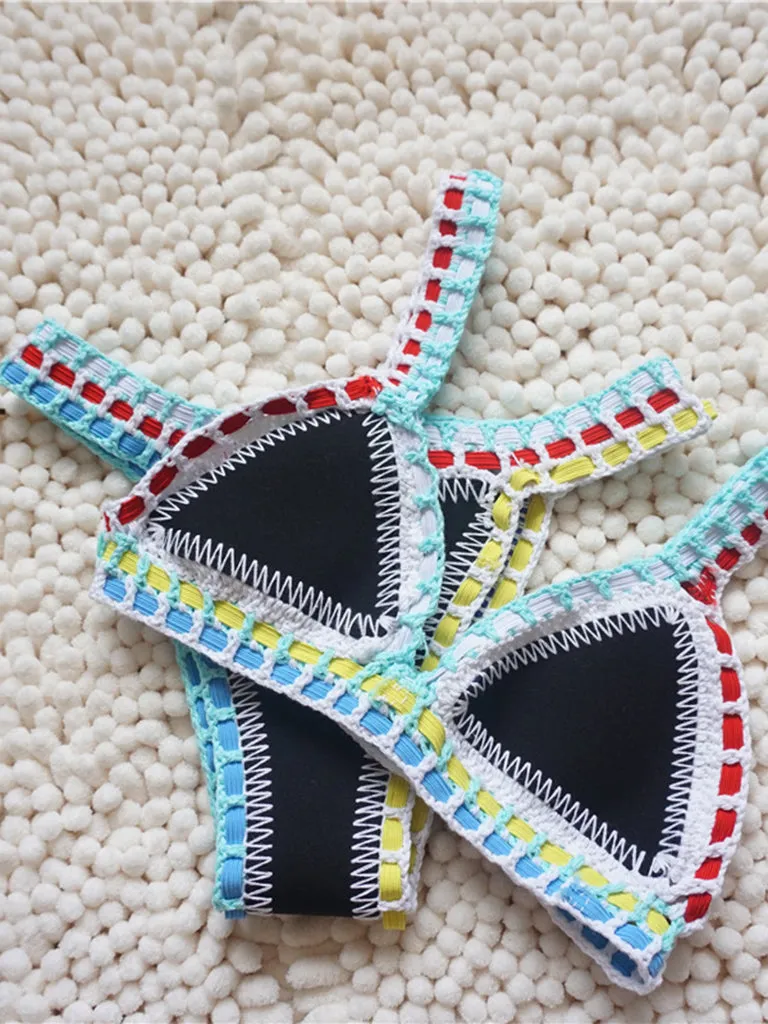 Trendy Women's Crochet 2-Piece Bikini Set: Padded Triangle Bra   Mid Thong