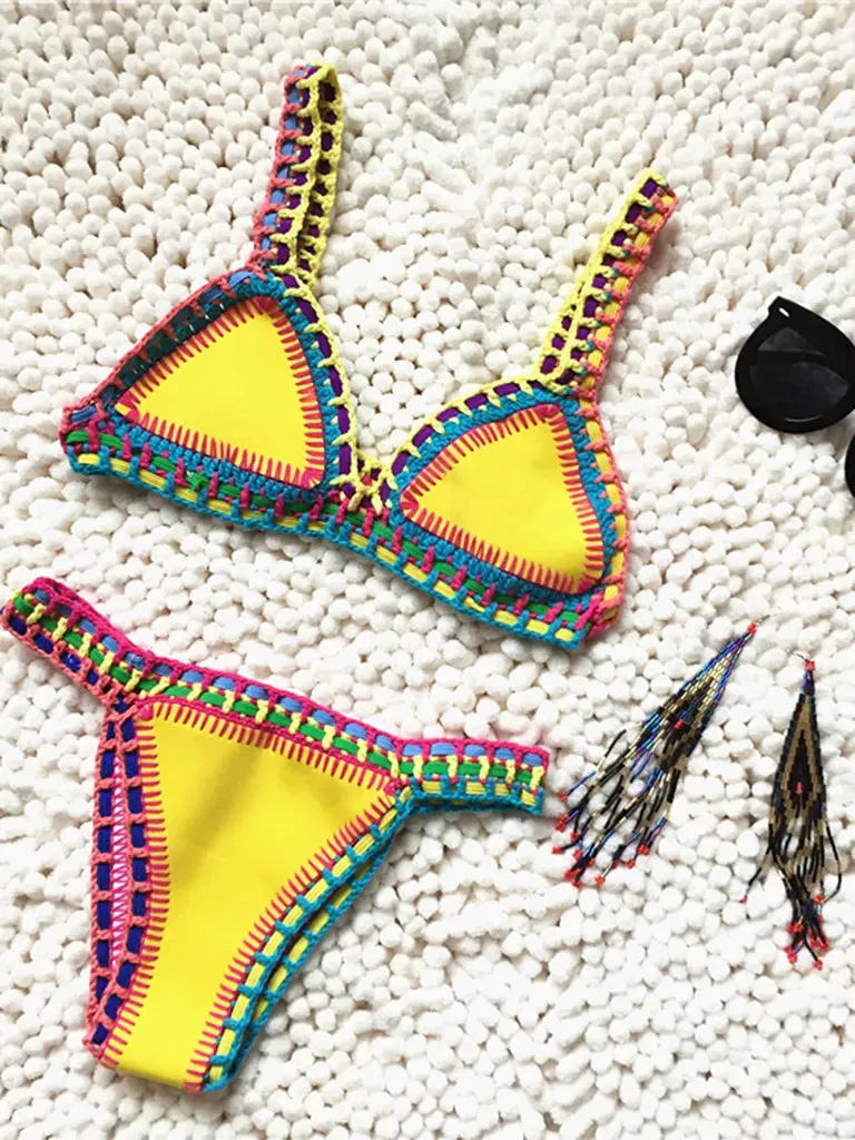 Trendy Women's Crochet 2-Piece Bikini Set: Padded Triangle Bra   Mid Thong