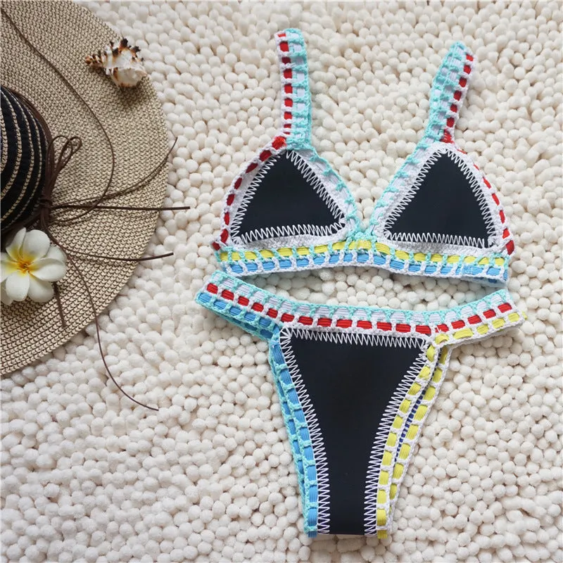 Trendy Women's Crochet 2-Piece Bikini Set: Padded Triangle Bra   Mid Thong