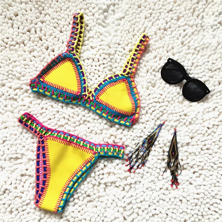Trendy Women's Crochet 2-Piece Bikini Set: Padded Triangle Bra   Mid Thong
