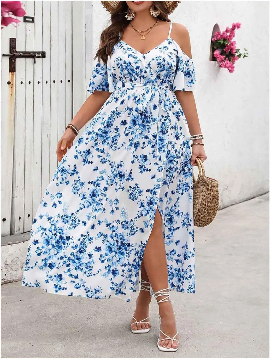 Verdusa Women's Plus Size Floral Cold Shoulder Boho Dresses Belted Waist Slit Maxi Flowy Dress