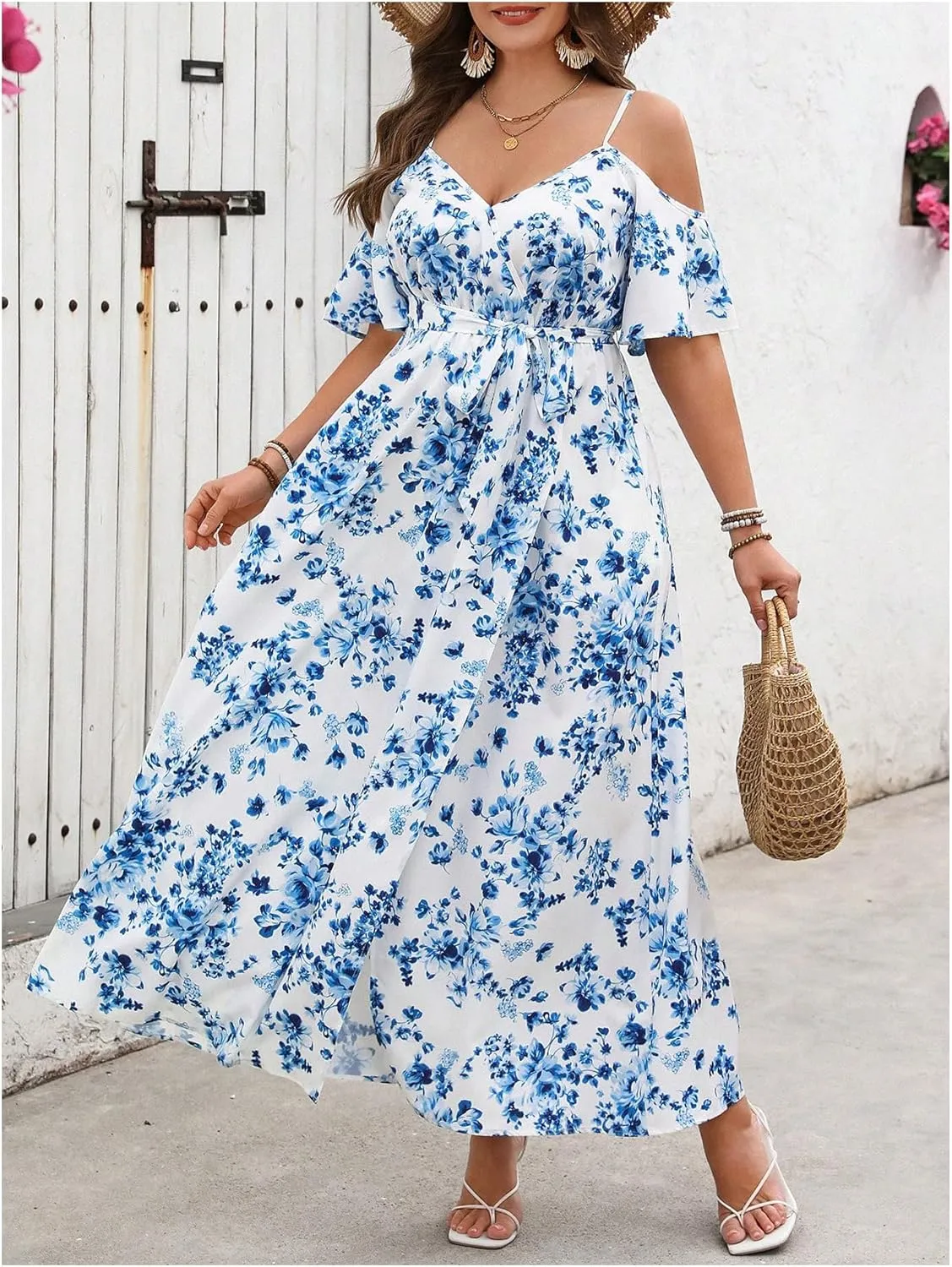 Verdusa Women's Plus Size Floral Cold Shoulder Boho Dresses Belted Waist Slit Maxi Flowy Dress