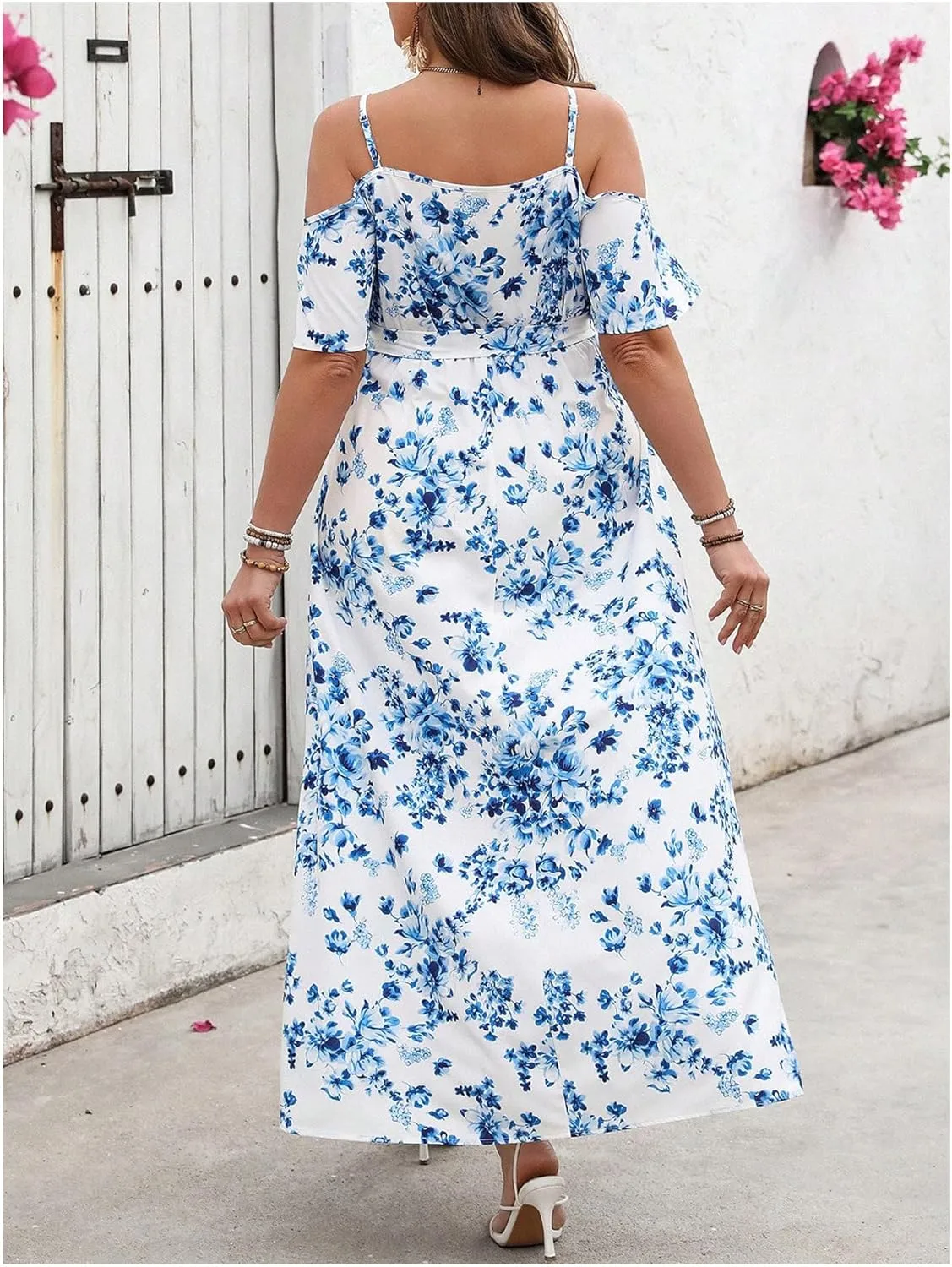 Verdusa Women's Plus Size Floral Cold Shoulder Boho Dresses Belted Waist Slit Maxi Flowy Dress