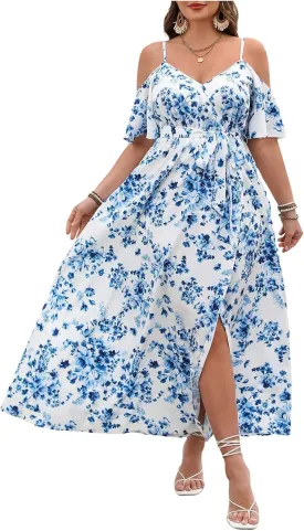 Verdusa Women's Plus Size Floral Cold Shoulder Boho Dresses Belted Waist Slit Maxi Flowy Dress