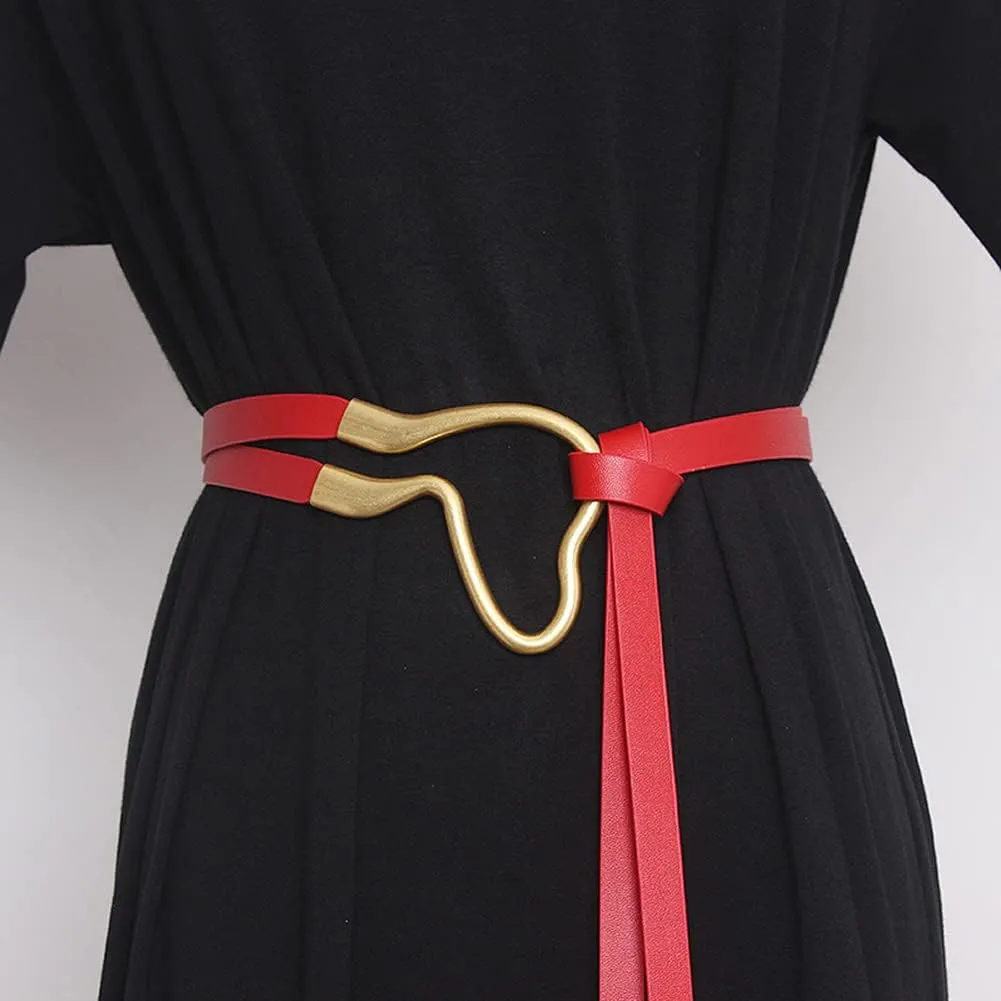 Women Double Strap Tie Knot PU Leather Belt Big Buckle Waist Cinch