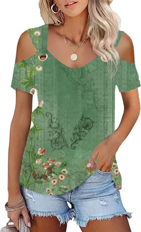 Women O Ring Cold Shoulder Cute Shirts Casual Loose Fit Short Sleeve Shirt Gradient Notched Neck Casual Tee