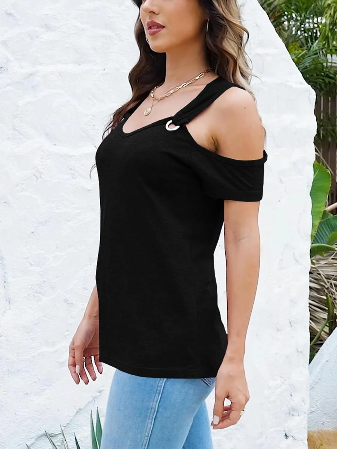 Women O Ring Cold Shoulder Cute Shirts Casual Loose Fit Short Sleeve Shirt Gradient Notched Neck Casual Tee