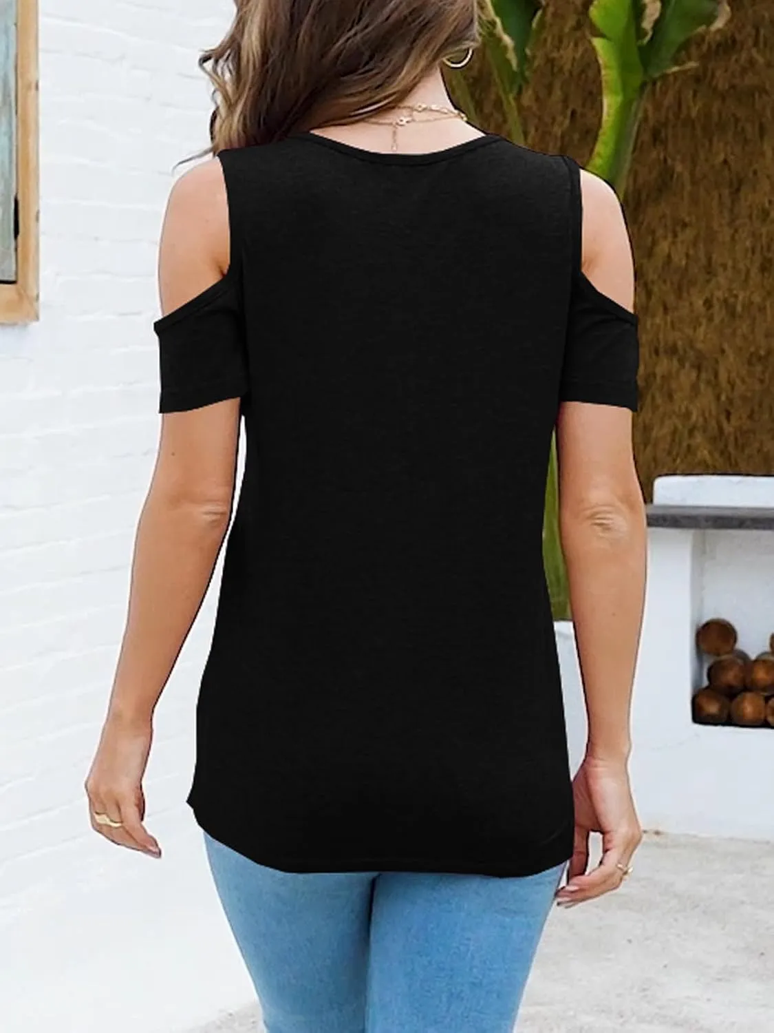 Women O Ring Cold Shoulder Cute Shirts Casual Loose Fit Short Sleeve Shirt Gradient Notched Neck Casual Tee