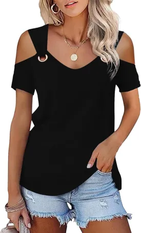 Women O Ring Cold Shoulder Cute Shirts Casual Loose Fit Short Sleeve Shirt Gradient Notched Neck Casual Tee