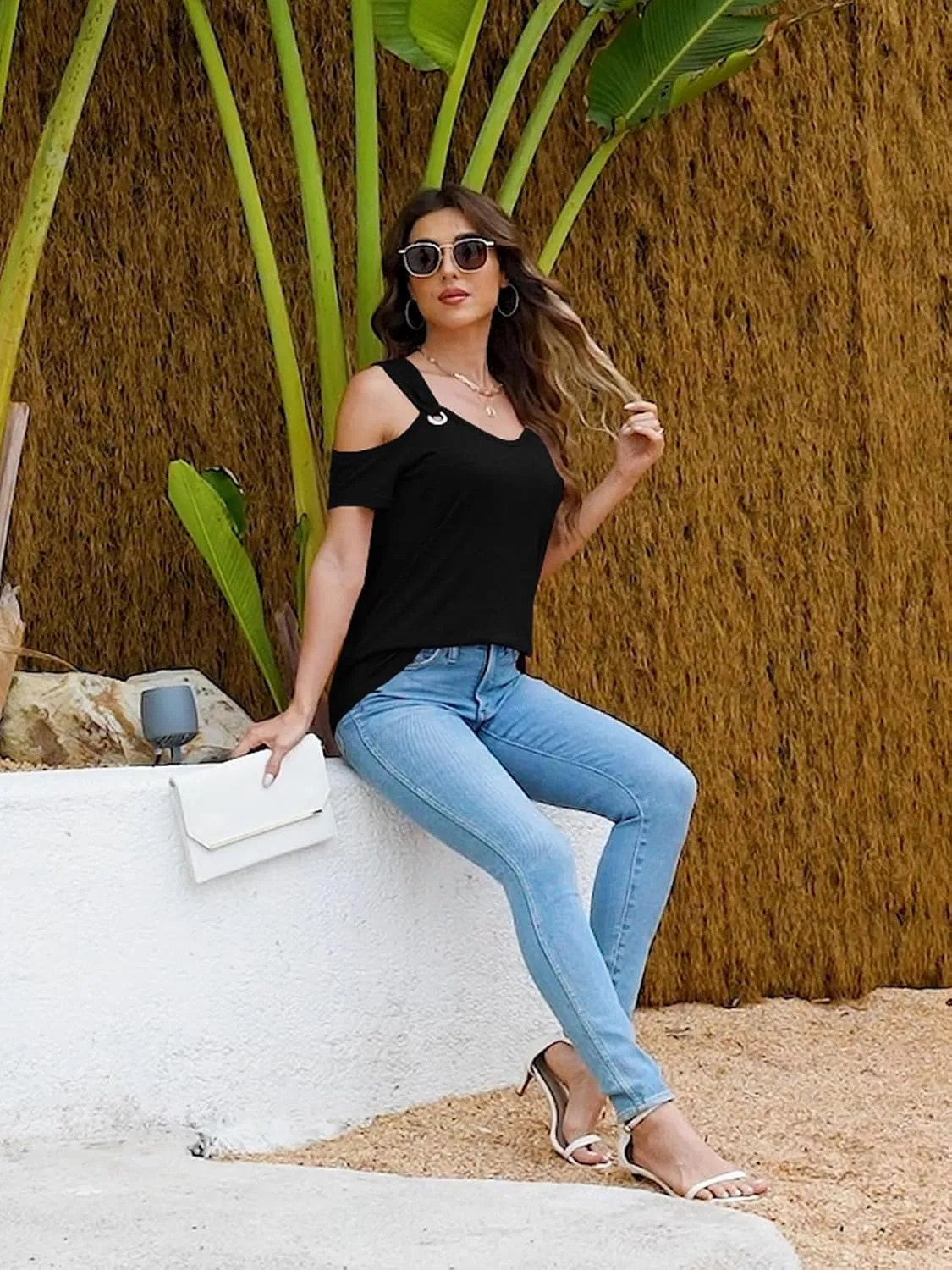 Women O Ring Cold Shoulder Cute Shirts Casual Loose Fit Short Sleeve Shirt Gradient Notched Neck Casual Tee