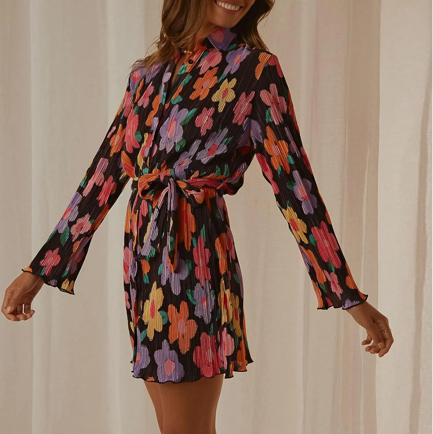 Women Shirt Dresses Long Sleeve Pleated Mini Dress Casual Button Down Tunic Tops with Belt Vintage Streetwear