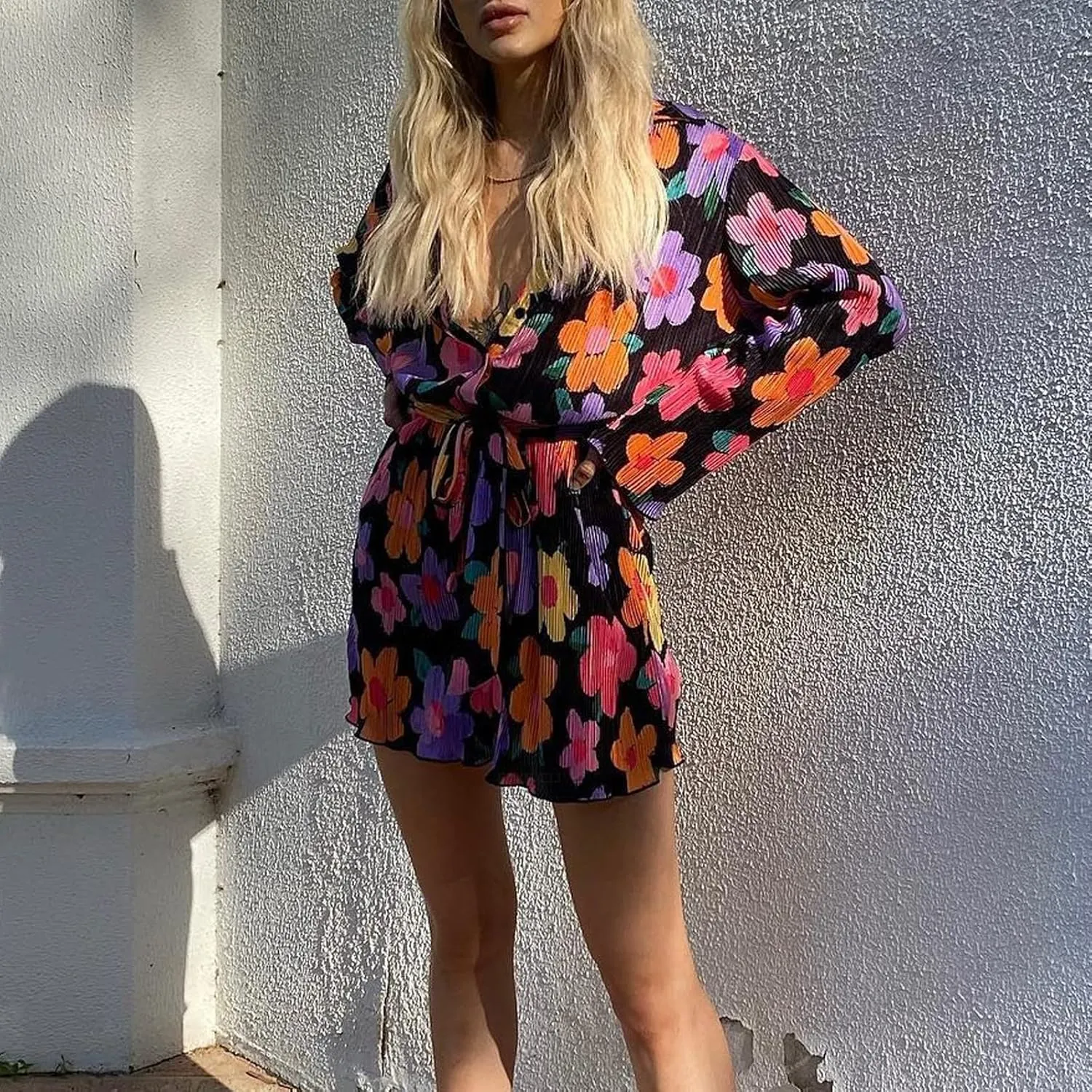 Women Shirt Dresses Long Sleeve Pleated Mini Dress Casual Button Down Tunic Tops with Belt Vintage Streetwear