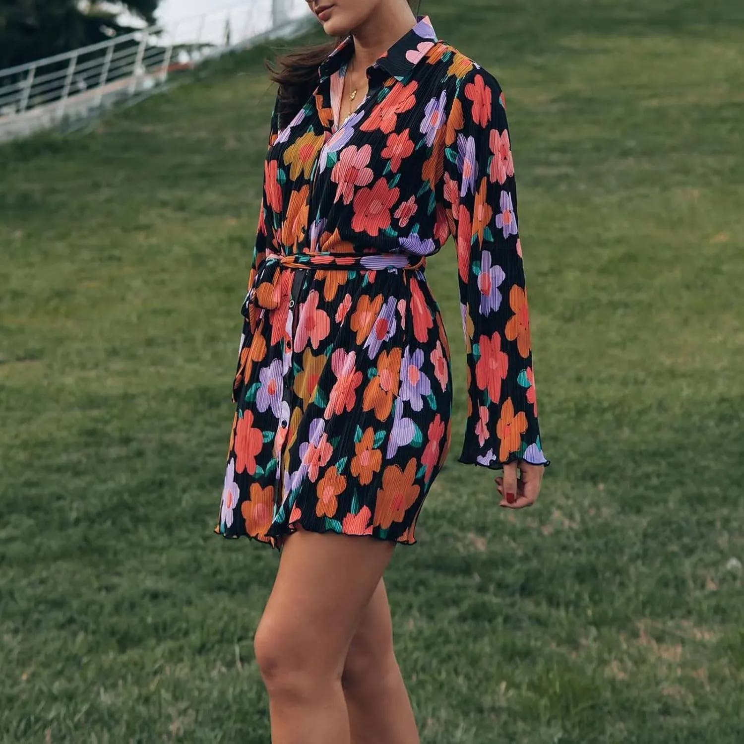 Women Shirt Dresses Long Sleeve Pleated Mini Dress Casual Button Down Tunic Tops with Belt Vintage Streetwear