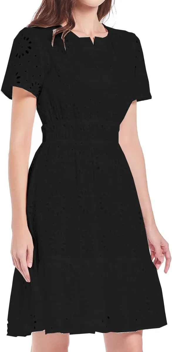 Women's 2024 Eyelet Dress A Line Short Sleeve Hollow Out Beach Party Dresses Formal Embroidery Sundresses