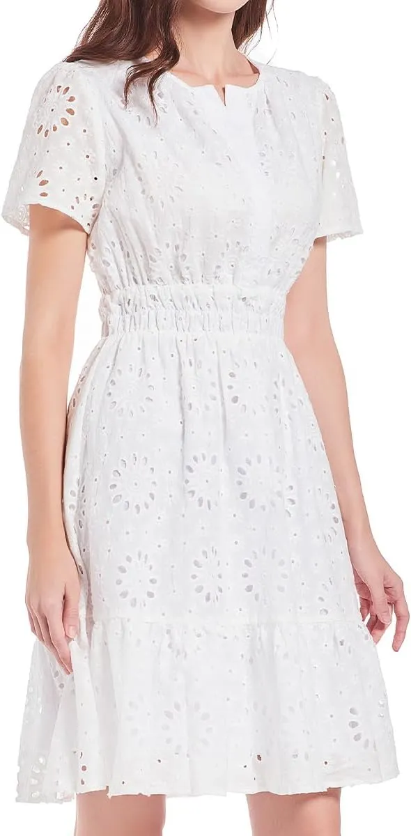 Women's 2024 Eyelet Dress A Line Short Sleeve Hollow Out Beach Party Dresses Formal Embroidery Sundresses