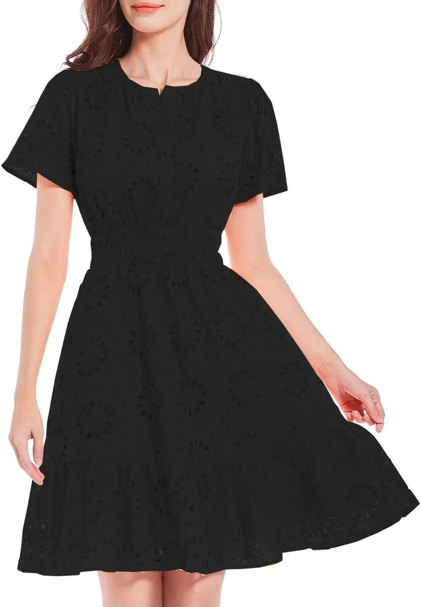 Women's 2024 Eyelet Dress A Line Short Sleeve Hollow Out Beach Party Dresses Formal Embroidery Sundresses