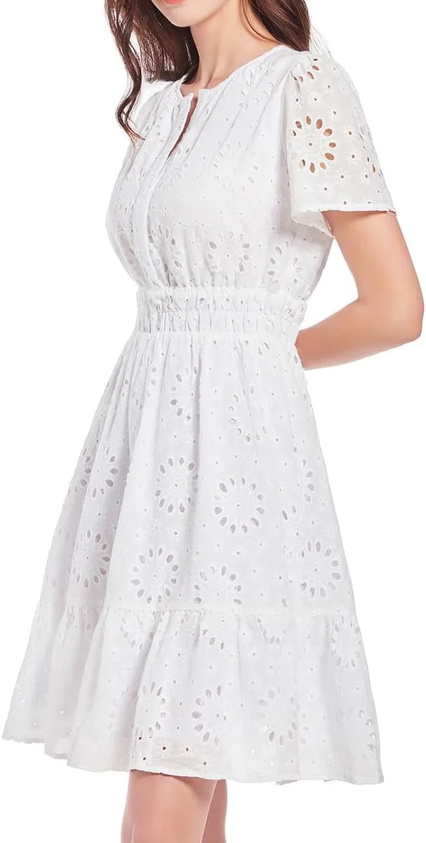 Women's 2024 Eyelet Dress A Line Short Sleeve Hollow Out Beach Party Dresses Formal Embroidery Sundresses
