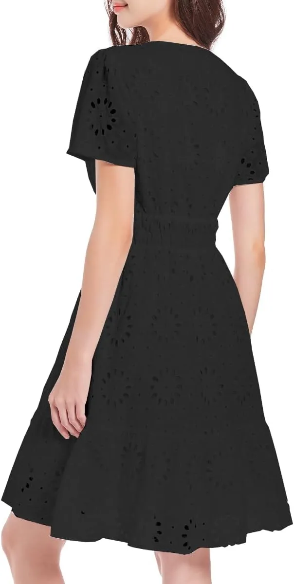 Women's 2024 Eyelet Dress A Line Short Sleeve Hollow Out Beach Party Dresses Formal Embroidery Sundresses