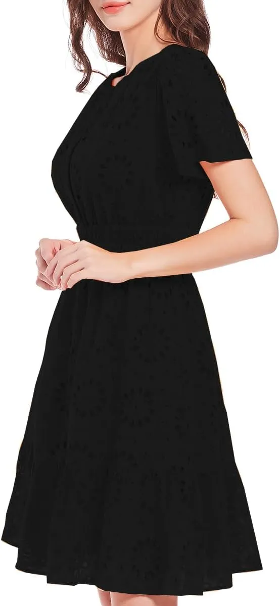 Women's 2024 Eyelet Dress A Line Short Sleeve Hollow Out Beach Party Dresses Formal Embroidery Sundresses