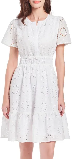 Women's 2024 Eyelet Dress A Line Short Sleeve Hollow Out Beach Party Dresses Formal Embroidery Sundresses