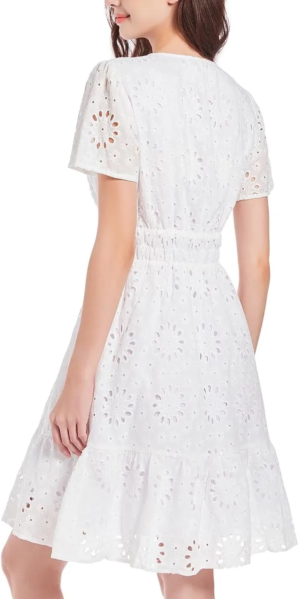 Women's 2024 Eyelet Dress A Line Short Sleeve Hollow Out Beach Party Dresses Formal Embroidery Sundresses