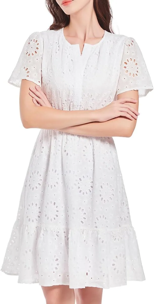 Women's 2024 Eyelet Dress A Line Short Sleeve Hollow Out Beach Party Dresses Formal Embroidery Sundresses