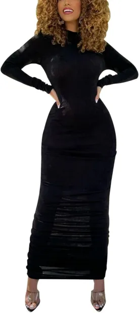 Women's Bodycon Maxi Long Dress Elegant Long Sleeve Stretchy Dresses Club Outfit