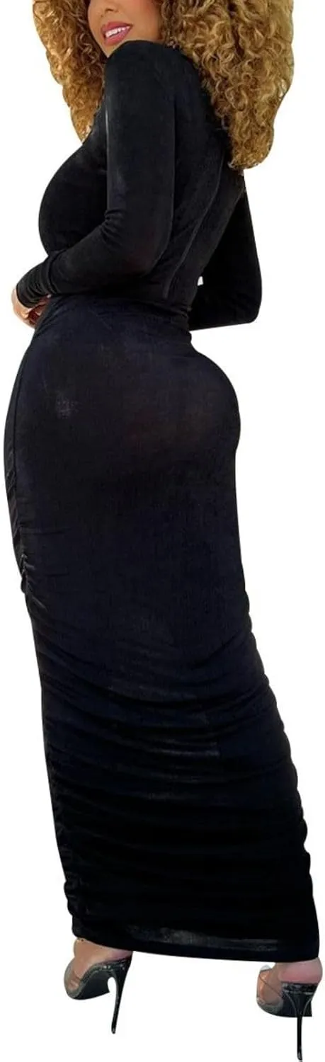 Women's Bodycon Maxi Long Dress Elegant Long Sleeve Stretchy Dresses Club Outfit