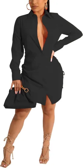 Women's Casual Long Sleeve Button Down Shirts Mini Dress Sexy V Neck T-Shirts Tops Loose Collar Long Blouse Wrap Dress