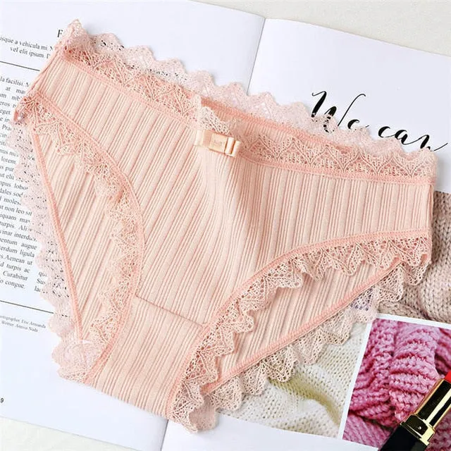 Women's Cotton Panties Female Striped Breathable Briefs Sexy Lace Edge Underwear Women Cotton Crotch Lingerie Intimates Hollow