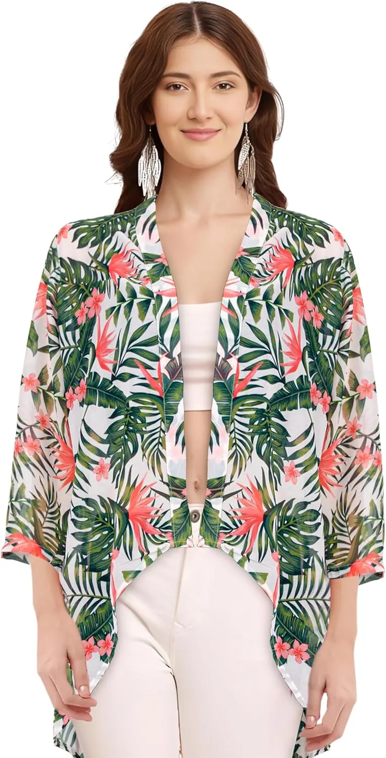 Women's Floral Print Puff Sleeve Kimono Cardigan Loose Cover Up Casual Blouse Tops (WS104-P)